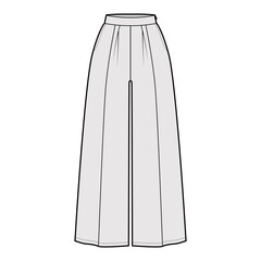 Pants gaucho technical fashion illustration with low normal waist, high rise, single pleat, ankle cropped length, seam pockets. Flat trousers apparel template grey color. Women, men, unisex CAD mockup