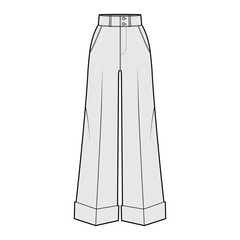 Pants oxford tailored technical fashion illustration with normal waist, high rise, full length, slant jetted pockets. Flat trousers apparel template front, grey color. Women men unisex CAD mockup