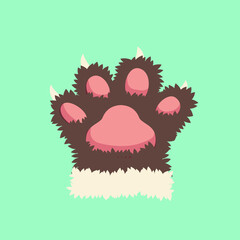 Cat foot paw palm claws, pet shop logo, isolated on white background. simple cartoon flat style, vector illustration.