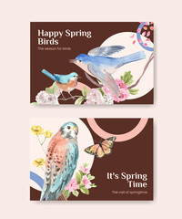Facebook template with spring and bird concept design for social media and community watercolor illustration