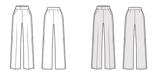 Pants tuxedo technical fashion illustration with extended normal waist, high rise, full length, slant pockets, side satin stripe. Flat trousers template back, white, grey color. Women, men CAD mockup