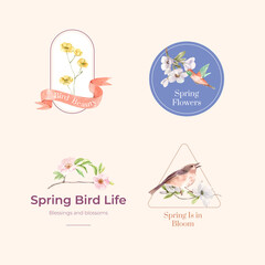 Logo design with spring and bird concept for branding and marketing watercolor illustration