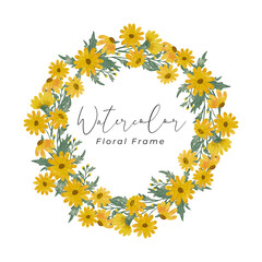 yellow daisy flower watercolor frame design hand drawing with yellow flower color and green leaf color