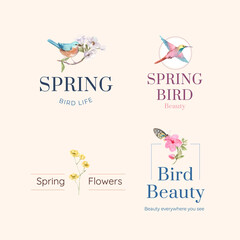 Logo design with spring and bird concept for branding and marketing watercolor illustration