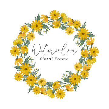 Yellow Daisy Flower Watercolor Frame Design Hand Drawing With Yellow Flower Color And Green Leaf Color