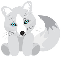 Baby White Artic Fox Stuffed Animal with Blue Eyes and Big Tail. Clipping Path on White Background.