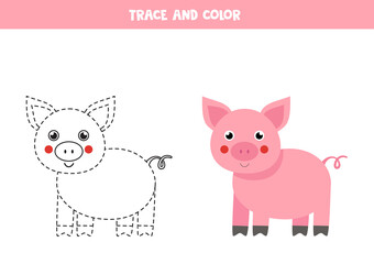 Trace and color cute pig. Space worksheet for kids.