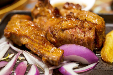 A tempting five mature rib-eye steak, beef ribs