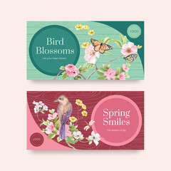 Twitter template with spring and bird concept design for social media and community watercolor illustration