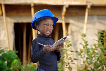 A little African Nigerian girl acting the role of a construction engineer and architect with a safety helmet on her head on her hand on a construction site 