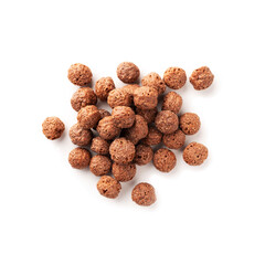 Crispy whole grain chocolate balls isolated on white background. Healthy dry breakfast. Top view.