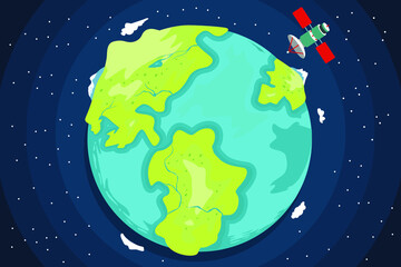 Planet Earth from Space with Satellite. Greeting card. Vector illustration.
