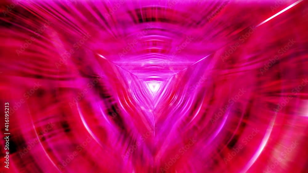 Poster abstract bright glowing futuristic psychedelic hypnotic triangle tunnel animation. pink red gradient