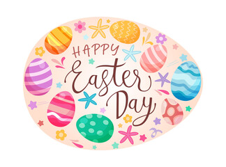 Happy Easter hand draw lettering. Set of Easter eggs with different texture Spring holiday. Vector Illustration.