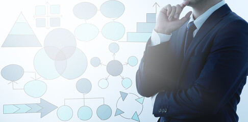 Business vision and strategy. Side view of thinking businessperson. Hand drawn diagrams.