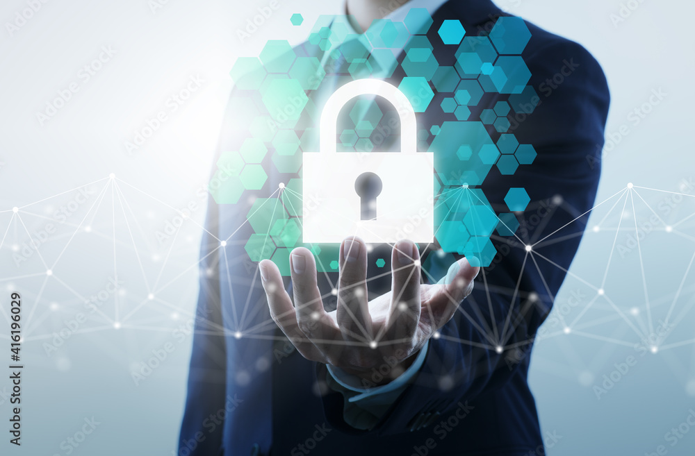 Poster Internet security. Businessperson checking internet and controlling encryption system.