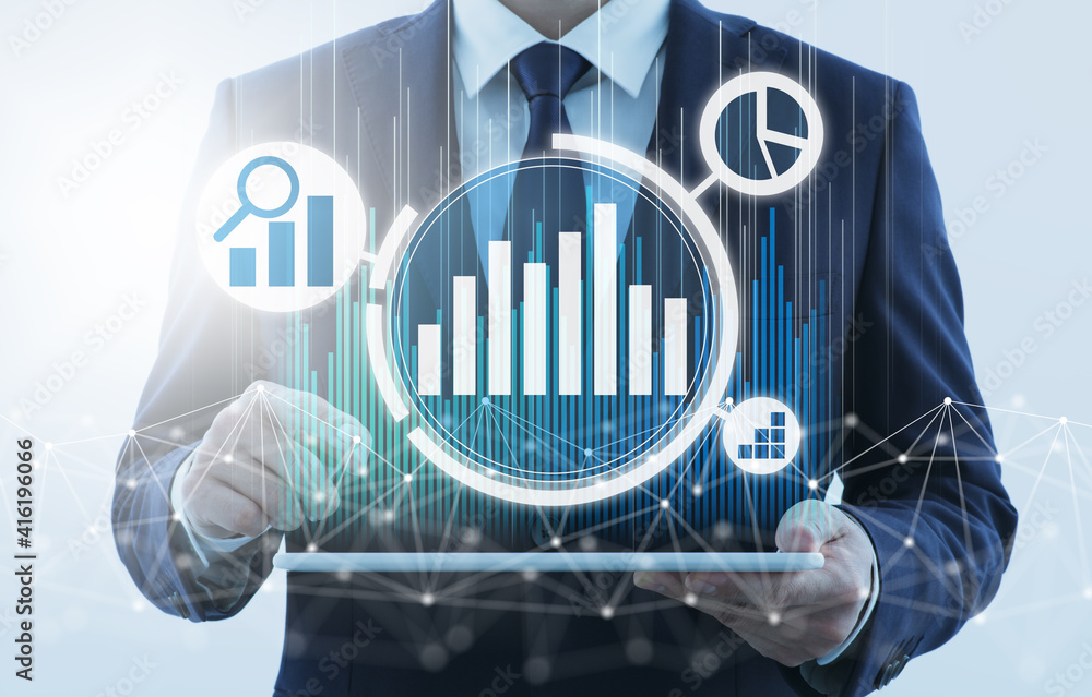 Poster Marketing analysis and internet technology. Business person using tablet computer. Network structure and graphs.