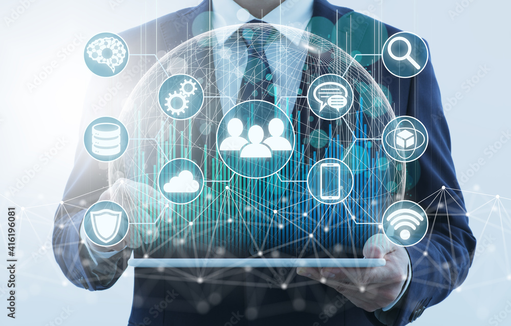 Poster Business innovation technology. Business person using tablet computer. Network structure and technology icons.