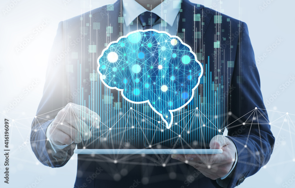 Poster Business analysis and artificial intelligence. Businessman using tablet computer. Network structure and graph.