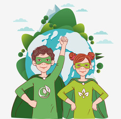 Two cute children super heroes. Protect and save Earth Planet vector concept