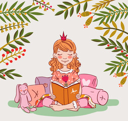 Obraz na płótnie Canvas Cute little girl with crown reading a book. Beautiful princess 