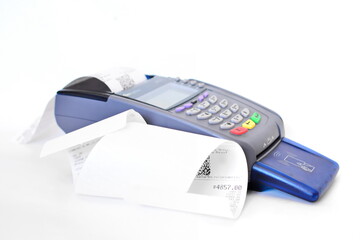Pos payment terminal print long store receipt with qr code for purchase on white background. Isolated
