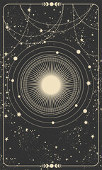 Obraz premium Magic tarot card, night celestial background with stars. Frame for astrology, witchcraft, predictions. A new star is born. Vector hand drawn illustration.