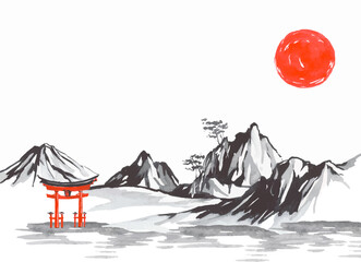 Japan traditional sumi-e painting. Fuji mountain, sakura, sunset. Japan sun. Indian ink vector illustration. Japanese picture.