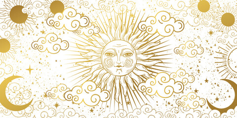 Aesthetic white background with golden sun with face, clouds and stars. Magic tarot card, celestial banner. Frame for astrology, witchcraft, predictions. Vector hand drawn illustration. - obrazy, fototapety, plakaty