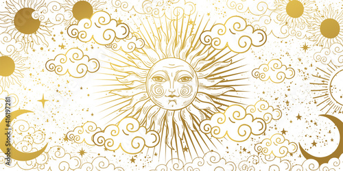 Download Aesthetic White Background With Golden Sun With Face Clouds And Stars Magic Tarot Card Celestial Banner Frame For Astrology Witchcraft Predictions Vector Hand Drawn Illustration Wall Mural Tanya