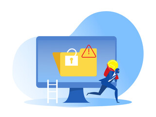 Businessman thief in black mask stealing idea, intellectual property, copyright in form electric lamp vector illustrator.