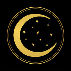 Abstract boho hand drawn illustration, golden crescent moon with stars in a round frame on a black background, tarot card, astrological symbol. Divine celestial sign. © Salomi art