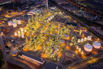 Aerial view of Oil and gas industry - refinery, Shot from drone of Oil refinery and Petrochemical plant at twilight, Bangkok, Thailan