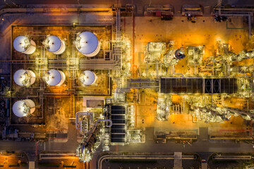 Aerial view of Oil and gas industry - refinery, Shot from drone of Oil refinery and Petrochemical plant at twilight, Bangkok, Thailan