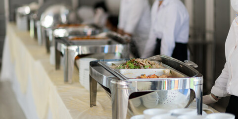 buffet food, catering food party at restaurant, mini canapes, snacks and appetizers