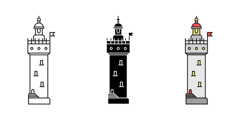Set of simple flat minimalism lighthouses in three variations. Vector illustration