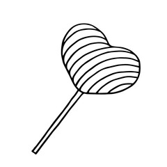 Lollipop with a striped pattern. Heart shaped candy cane. Vector illustration in doodle style. Drawn by contour on a white background.