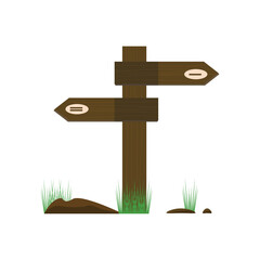 Road wooden sign. The arrow indicates the direction. Information sign to determine the path. Signboard for navigation. Isolated element on white background. Vector illustration. Flat style