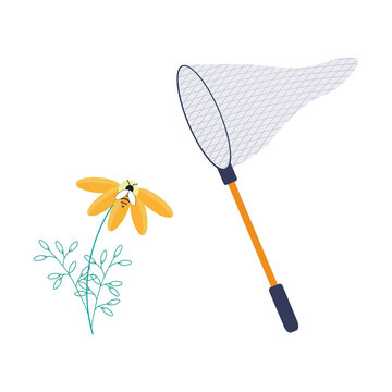 A landing net for catching butterflies or insects. Hobby, leisure or leisure concept. Bee or wasp on a flower. Botanical study of nature and the environment. Vector illustration.