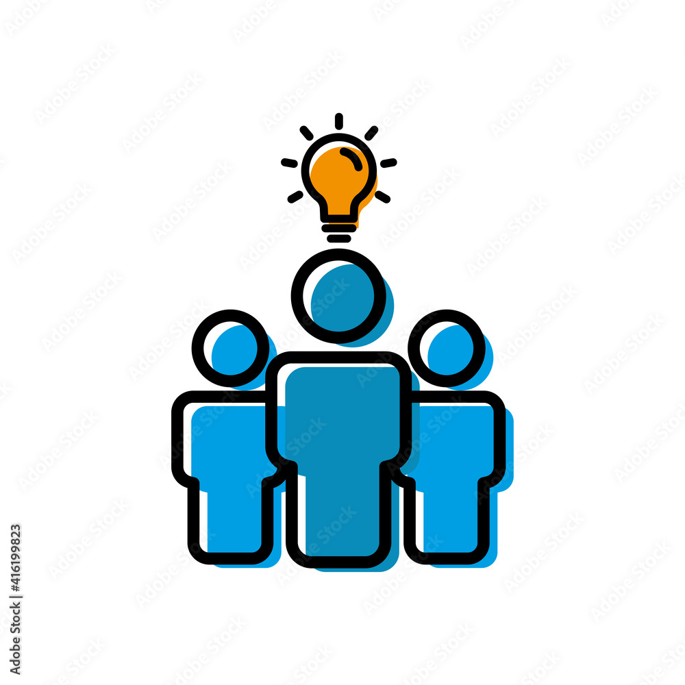 Poster people lineal color icon with lamp light bulb. teamwork, idea symbol. editable stroke. simple illust