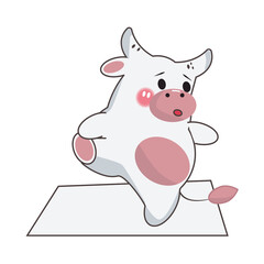 zen bull in kawaii style, yoga pacification, cow standing on one leg in heel grip pose, cute cartoon calf