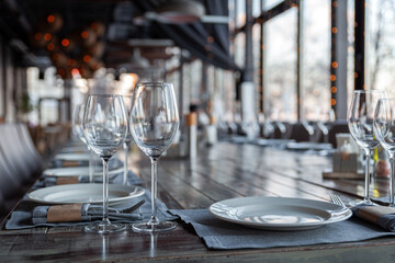 Obraz premium Modern veranda restaurant interior, banquet setting, glasses, plates