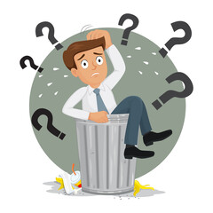  Description/    Businessman in trash can is thinking with question marks, illustration vector cartoon