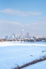 Cleveland skyline in the winter from edgewater park