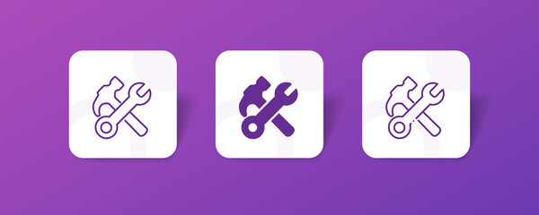 repair maintenance hammer wrench screwdriver pixel perfect icon set bundle in line, solid, glyph, 3d gradient style