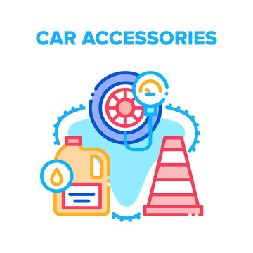 Car Accessories Vector Icon Concept. Oil Canister Container, Traffic Cone And Tire Air Pressure Monitor Manometer Or Pump, Car Accessories. Automobile Assistance Equipment Kit Color Illustration