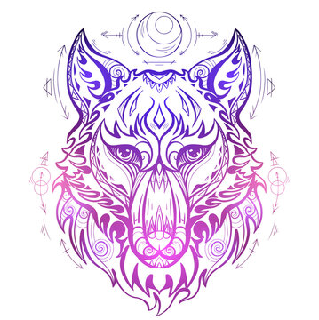 Neon wolf head front view with ethnic decorations and spiritual symbols of the moon and arrows. Predator front view portrait with curls and tribal ornaments. Vector gradient color sketch for tattoo