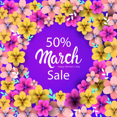 womens day 8 march holiday celebration concept sale banner greeting card poster or flyer with flowers vector illustration
