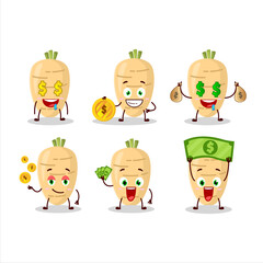 Long radish cartoon character with cute emoticon bring money