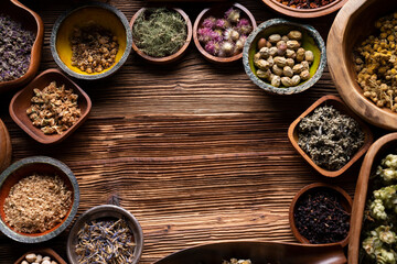 Natural medicine background. Assorted dry herbs in bowls and brass mortar on rustic wooden table.